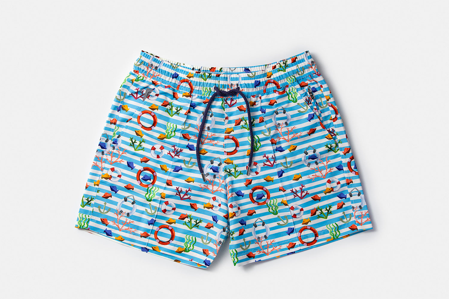 Front view of the KAI luxury swim shorts featuring Mediterranean nautical motifs and signature silhouette by Piccolo Riccio.
