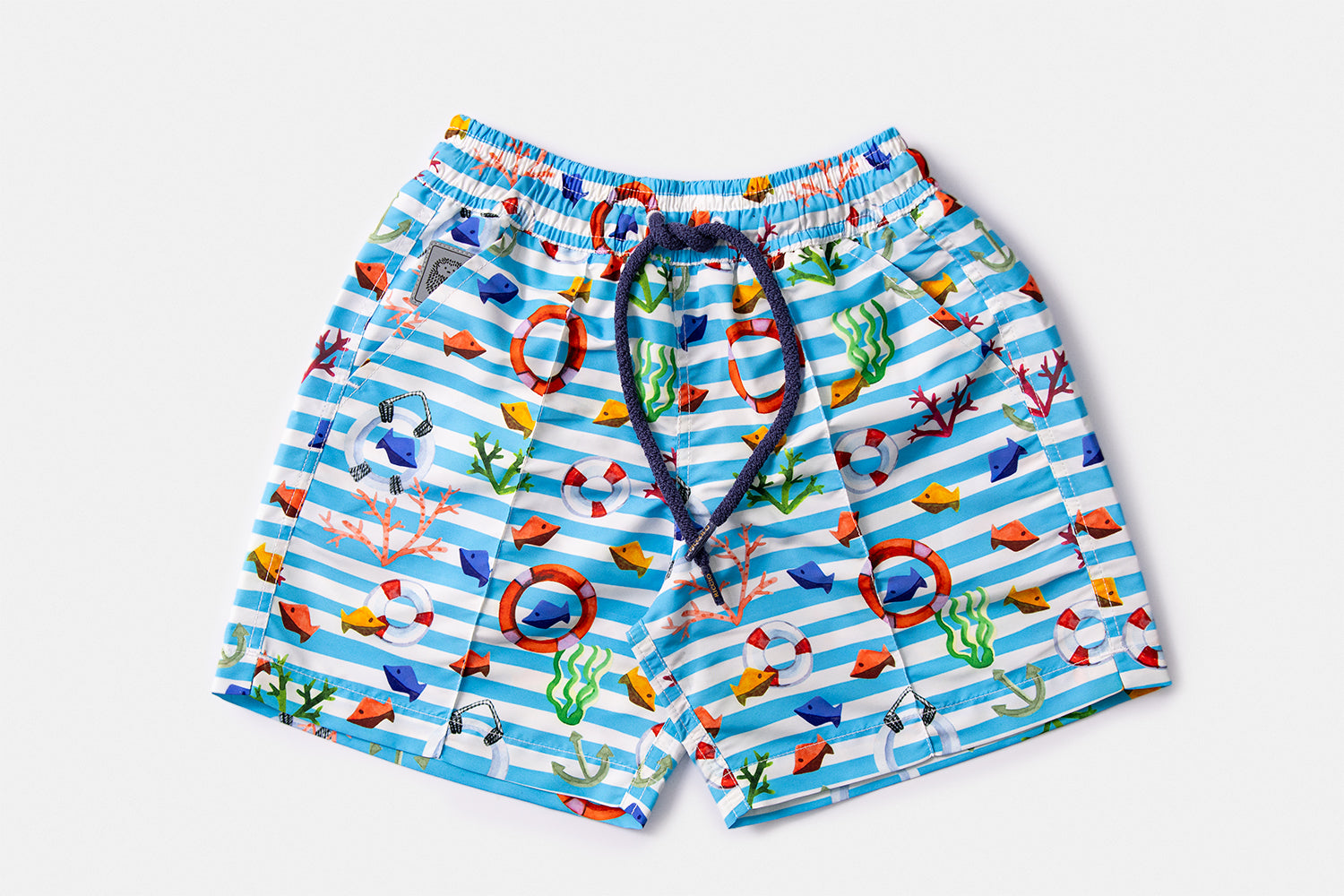 Front view of the KAI Children's Edition luxury swim shorts featuring Mediterranean nautical motifs and signature silhouette by Piccolo Riccio.
